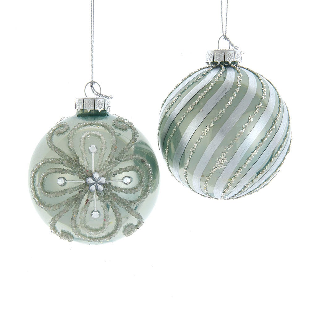80 mm Silver & Pale Aqua Embellished Ball Ornaments Set - 6 Piece