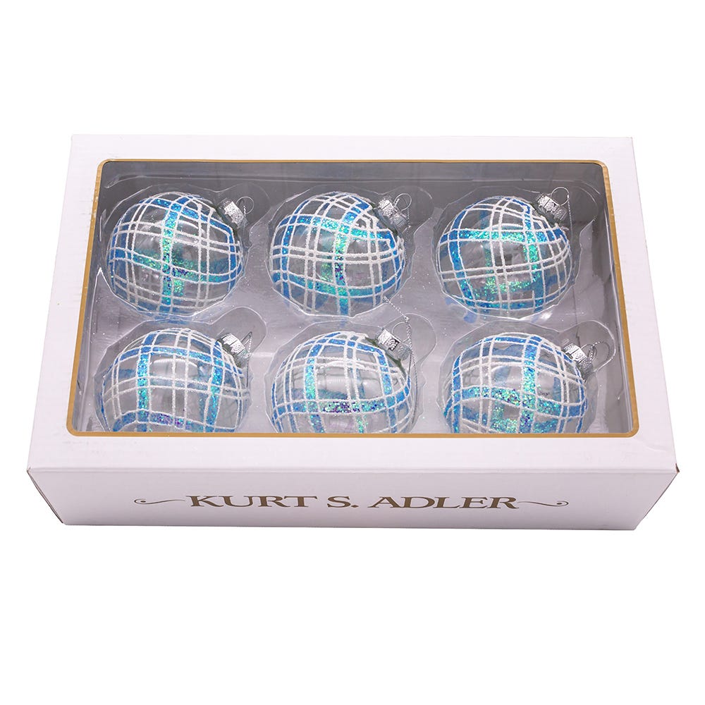 80 mm Plaid Light Blue & Clear Glass Ball Ornaments Set - 6 Piece