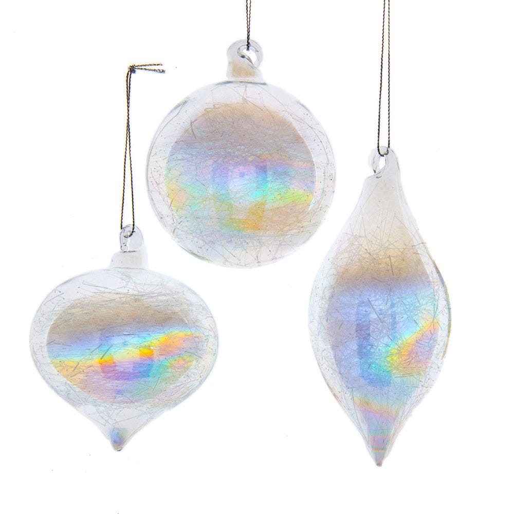 80 mm Clear Iridescent Ball, Onion & Teardrop Ornaments Set - 3 Piece