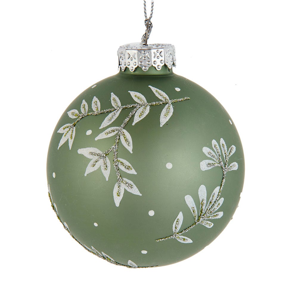 80 mm Green Leaf Design Ball Ornaments Set - 6 Piece