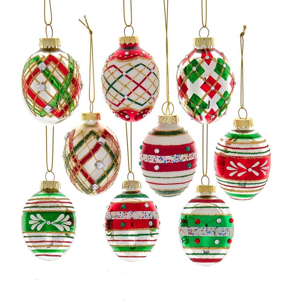 45 mm Glass Red & Green Decorated Eggs Set - 9 Piece