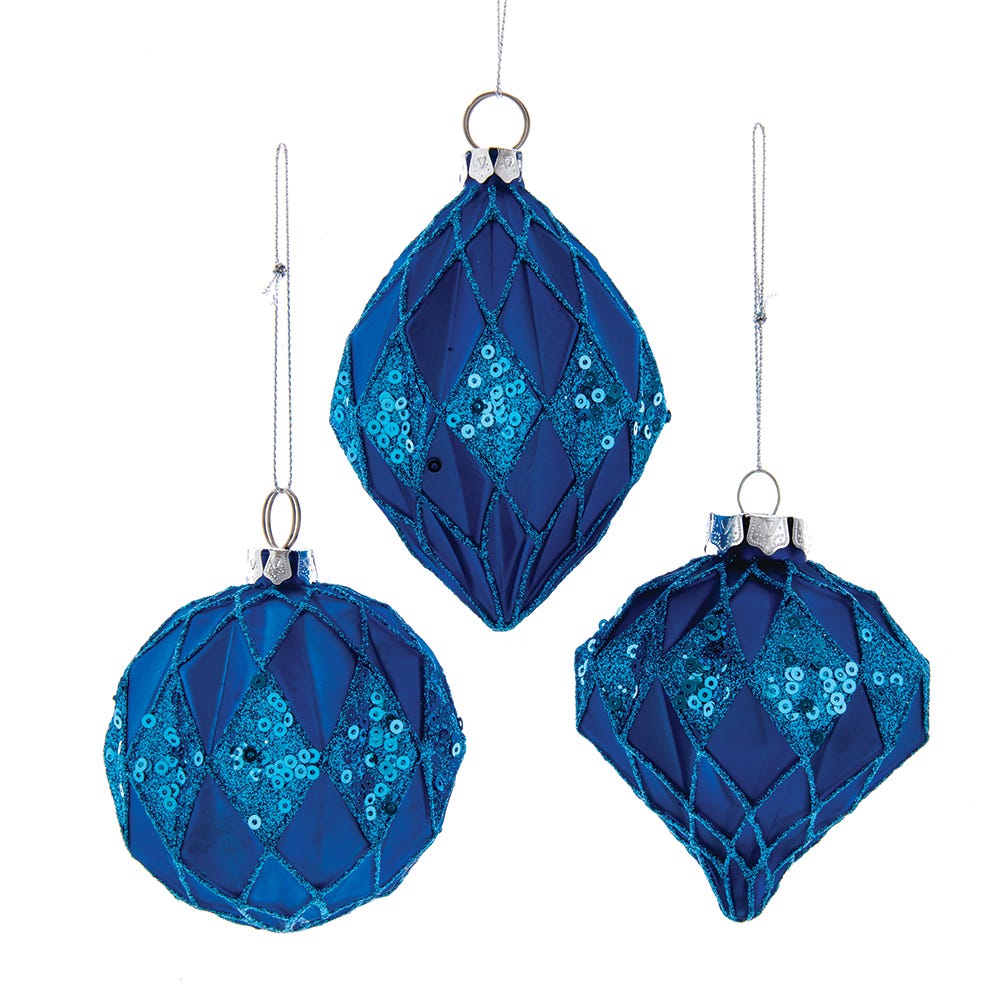 80 mm Glittered Sequin Blue Ball Finial & Onion Set - 3 Piece