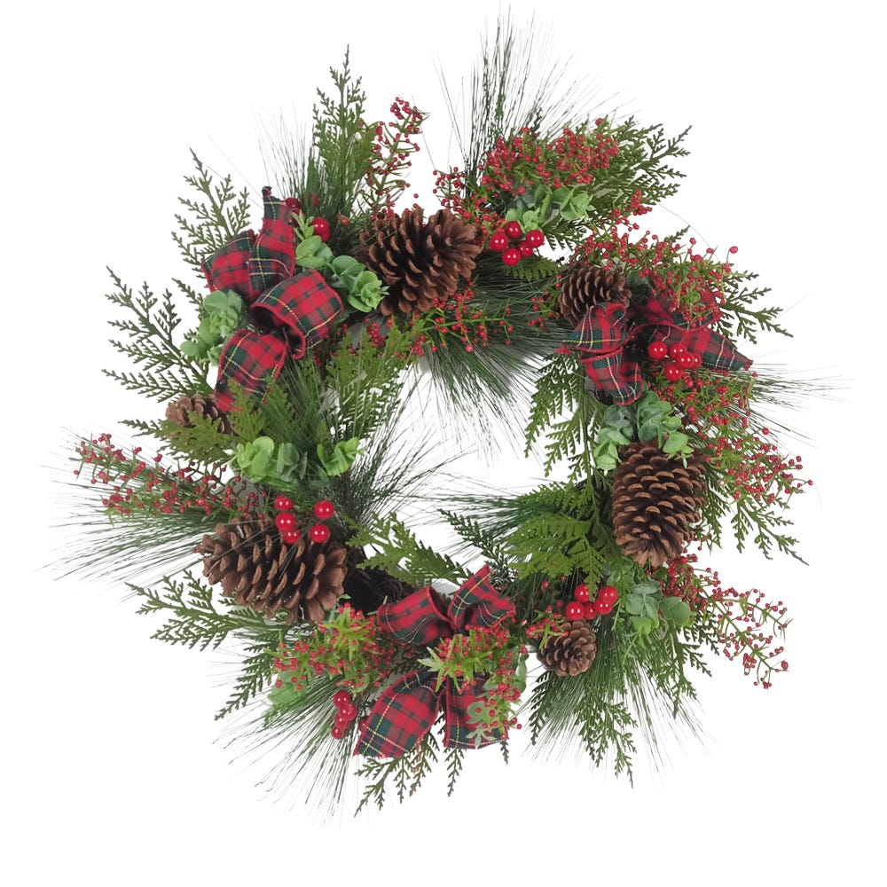 24 in. Berries & Pinecone Ribbon Rattan Wreath