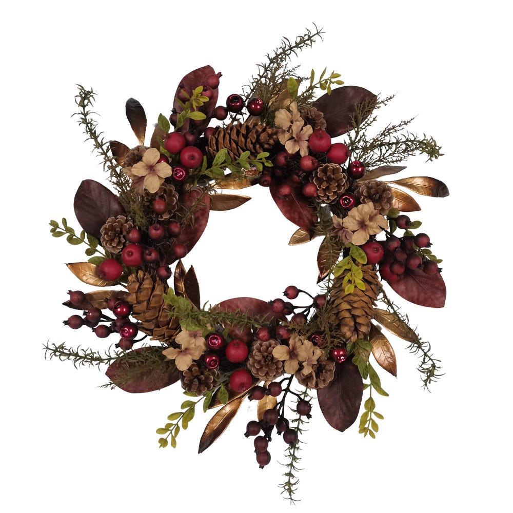 24 in. Berries & Pinecone Burgundy Rattan Wreath