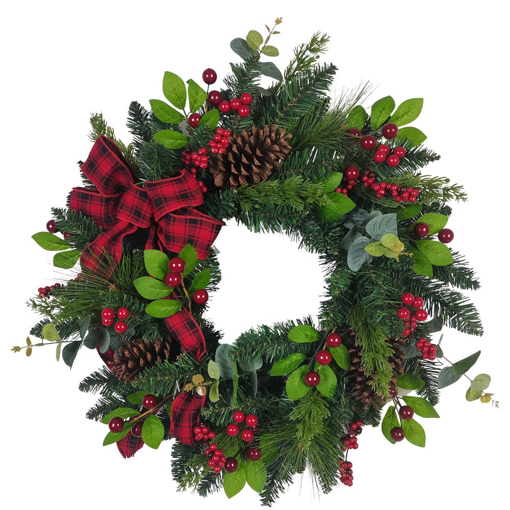Kurt S. Adler WRT0306 24 in. Berries & Pinecone Ribbon Wreath