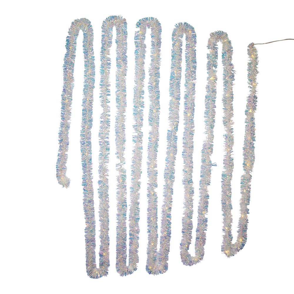 32.8 ft. Battery-Operated Iridescent Tinsel Garland with 100 Warm White Lights