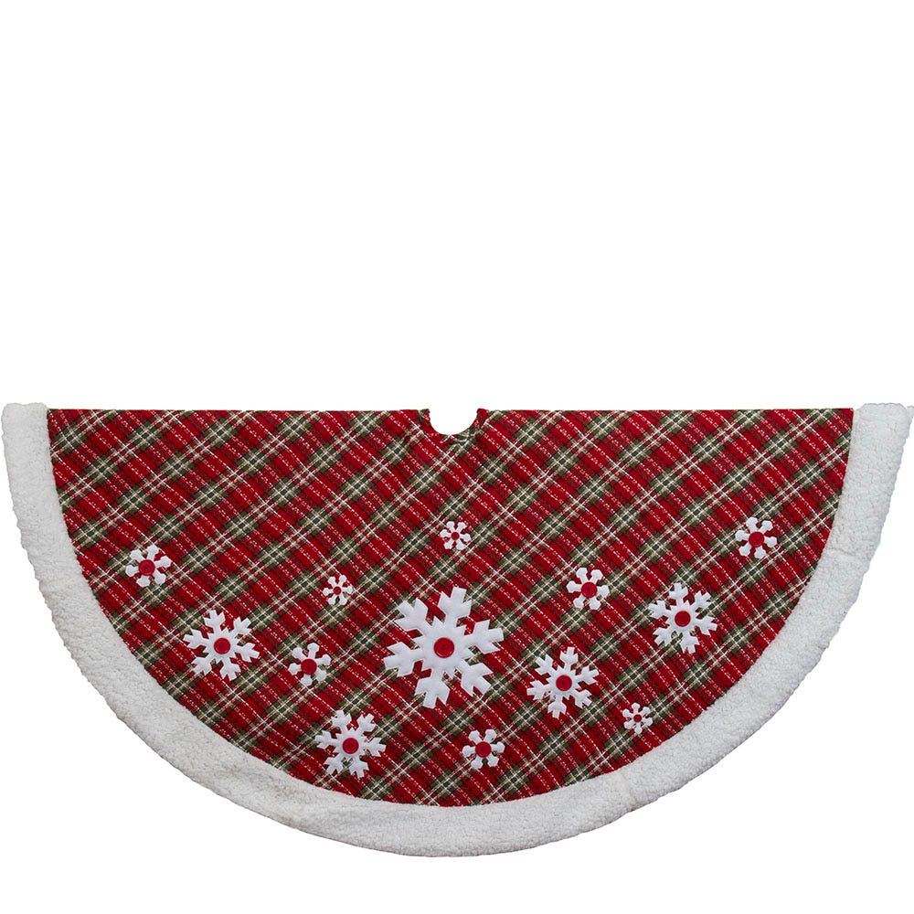 48 in. Red, Green & White Plaid Tree Skirt with Sherpa Border