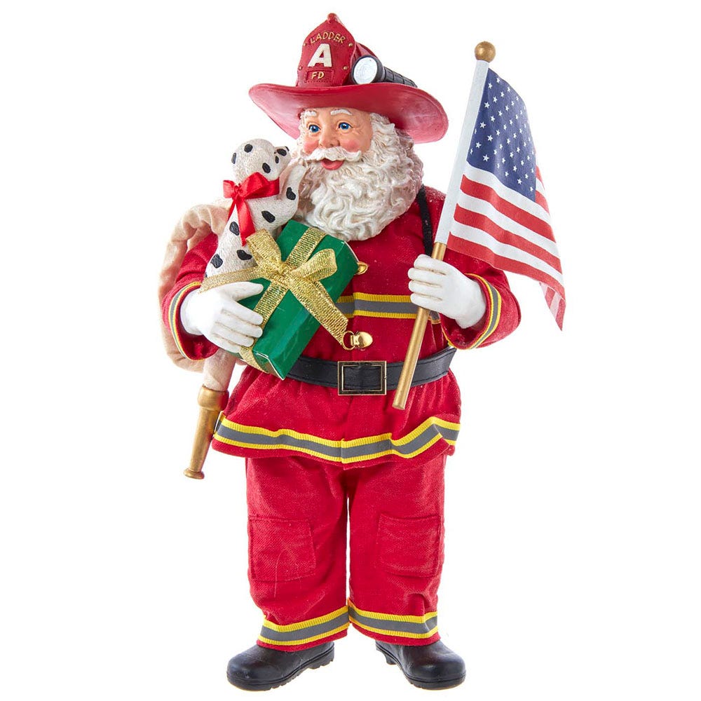 10.5 in. Fabrich Fireman Santa with American Flag