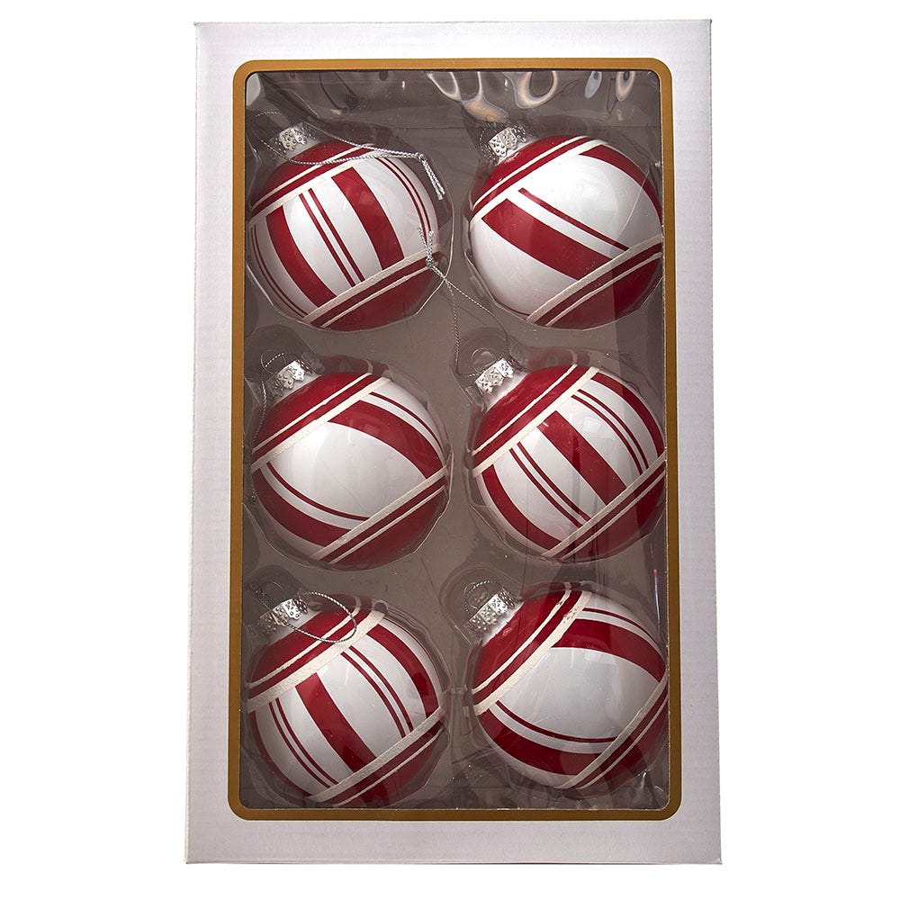 80 mm Red & White Glass Ball Ornaments Set - 6 Piece