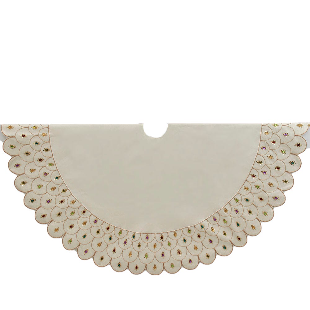 60 in. Multicolor Beads Scalloped Ivory Embroidered Tree Skirt