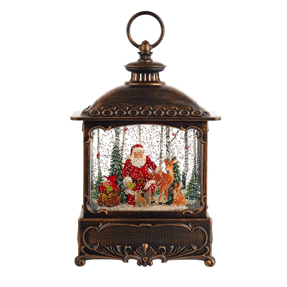 12 in. Battery Operated Warm White LED Lighted Santa with Animals Lantern