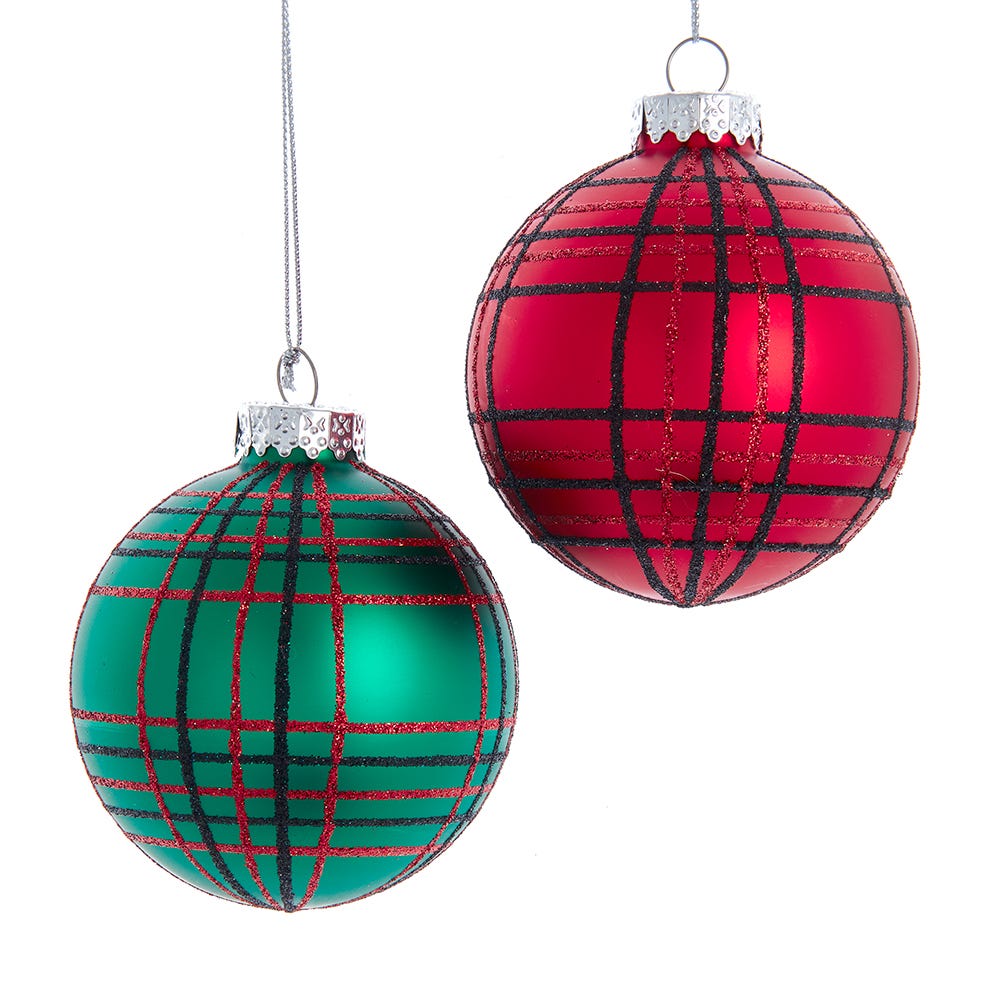 80 mm Red & Green Plaid Glitter Balls Ornament Set - 6 Piece