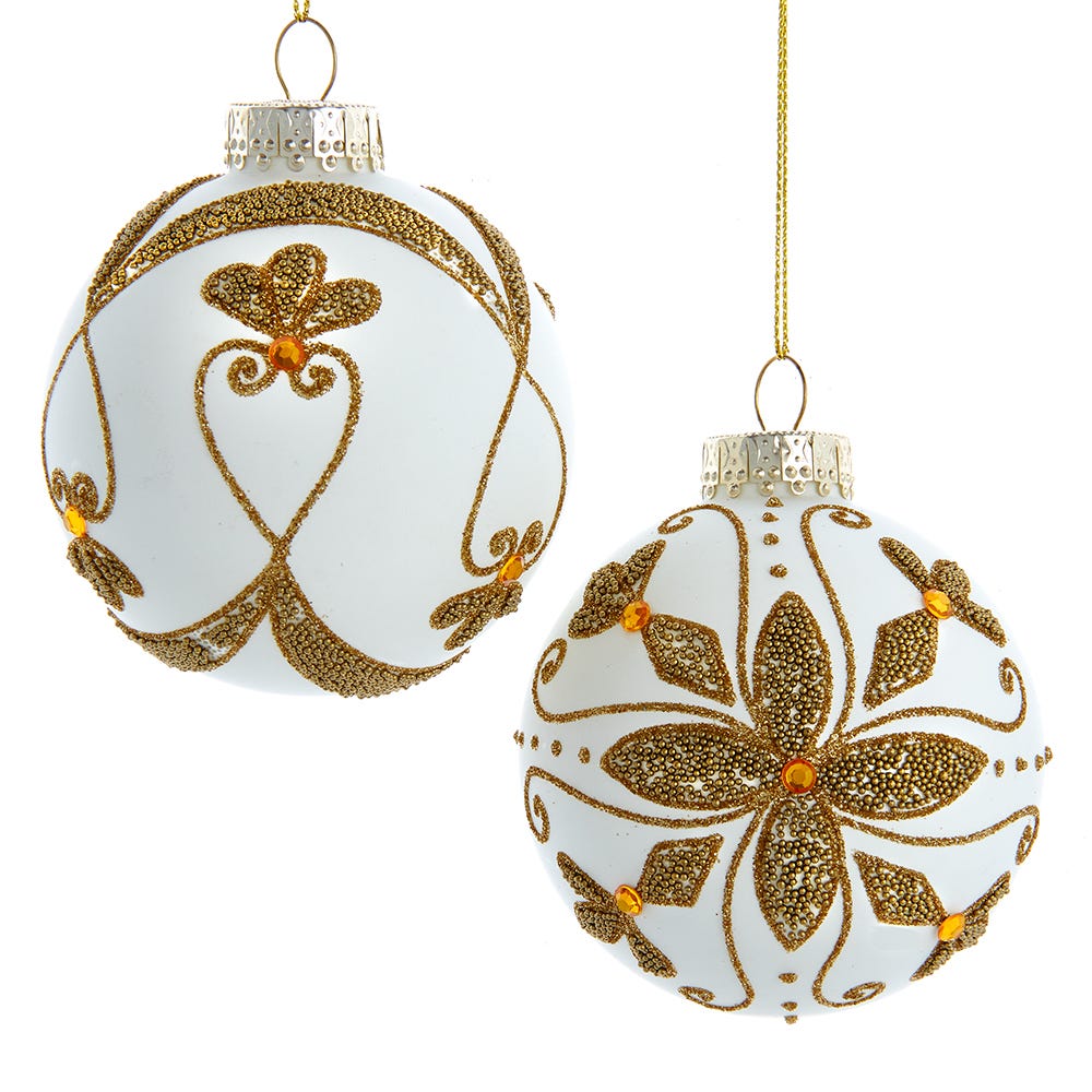 80 mm White Balls with Gold Beads Ornament Set - 6 Piece