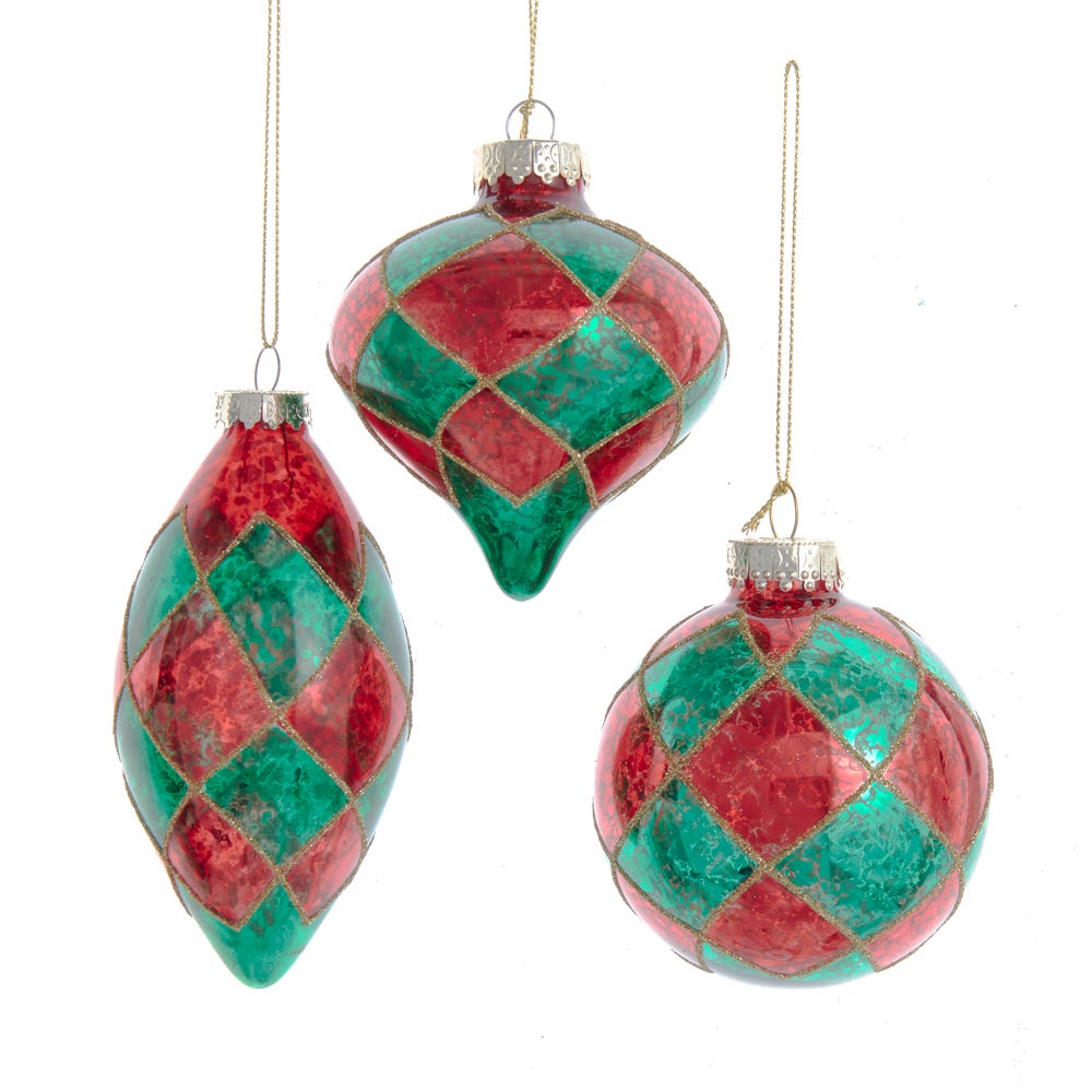 80 mm Green & Red Ball, Onion Teardrop Ornament Set - 3 Piece