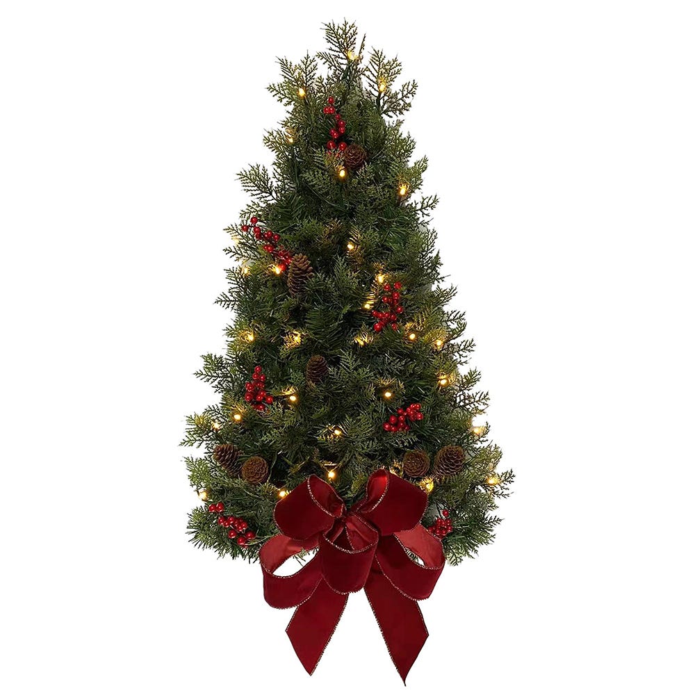 26 in. Battery Operated Pre-Lit Wall Tree with Red Bow