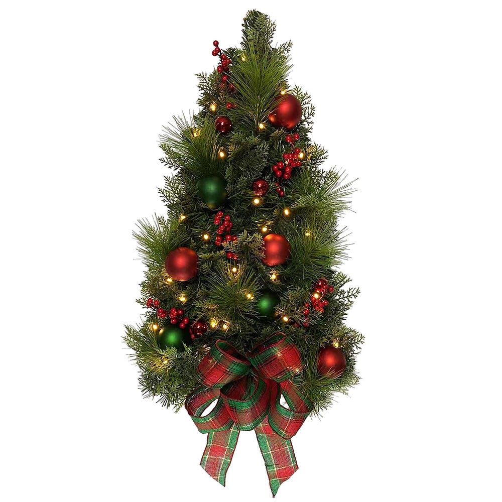 26 in. Battery Operated Pre-Lit Red & Green Wall Tree with Bow