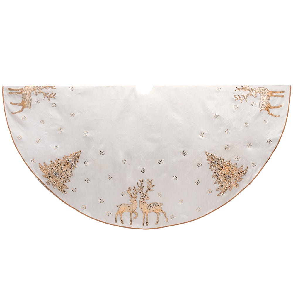 72 in. White Tree Skirt with Gold Glitter Tree & Reindeer Design