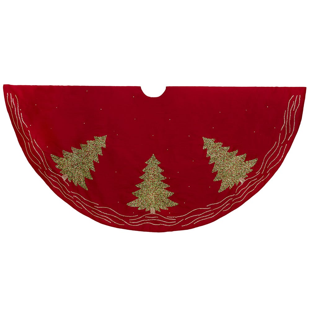 60 in. Red Tree Skirt with Green Embroidered Tree Design