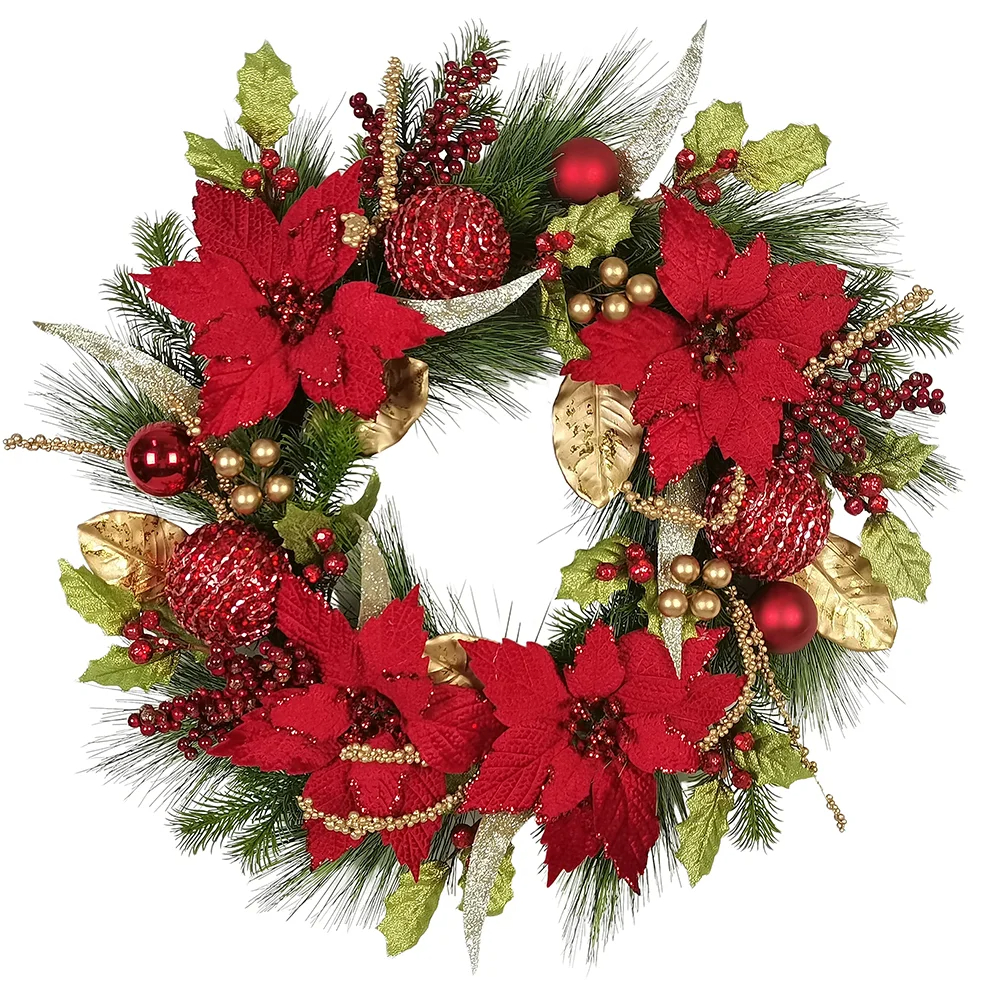 Kurt S. Adler WRT0313 24 in. Unlit Gold & Red Poinsettia Wreath