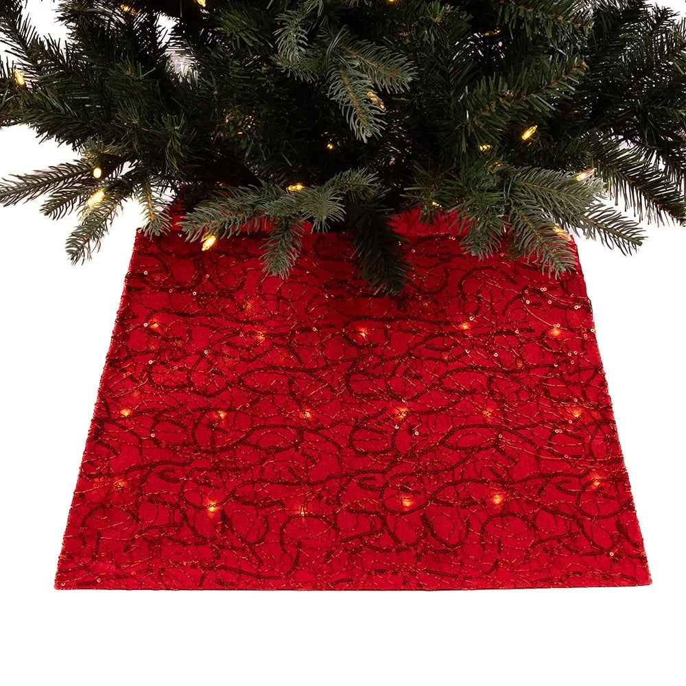 Kurt S. Adler AD2830 19.7 in. 70-Light Warm White LED Square Tree Skirt - Red
