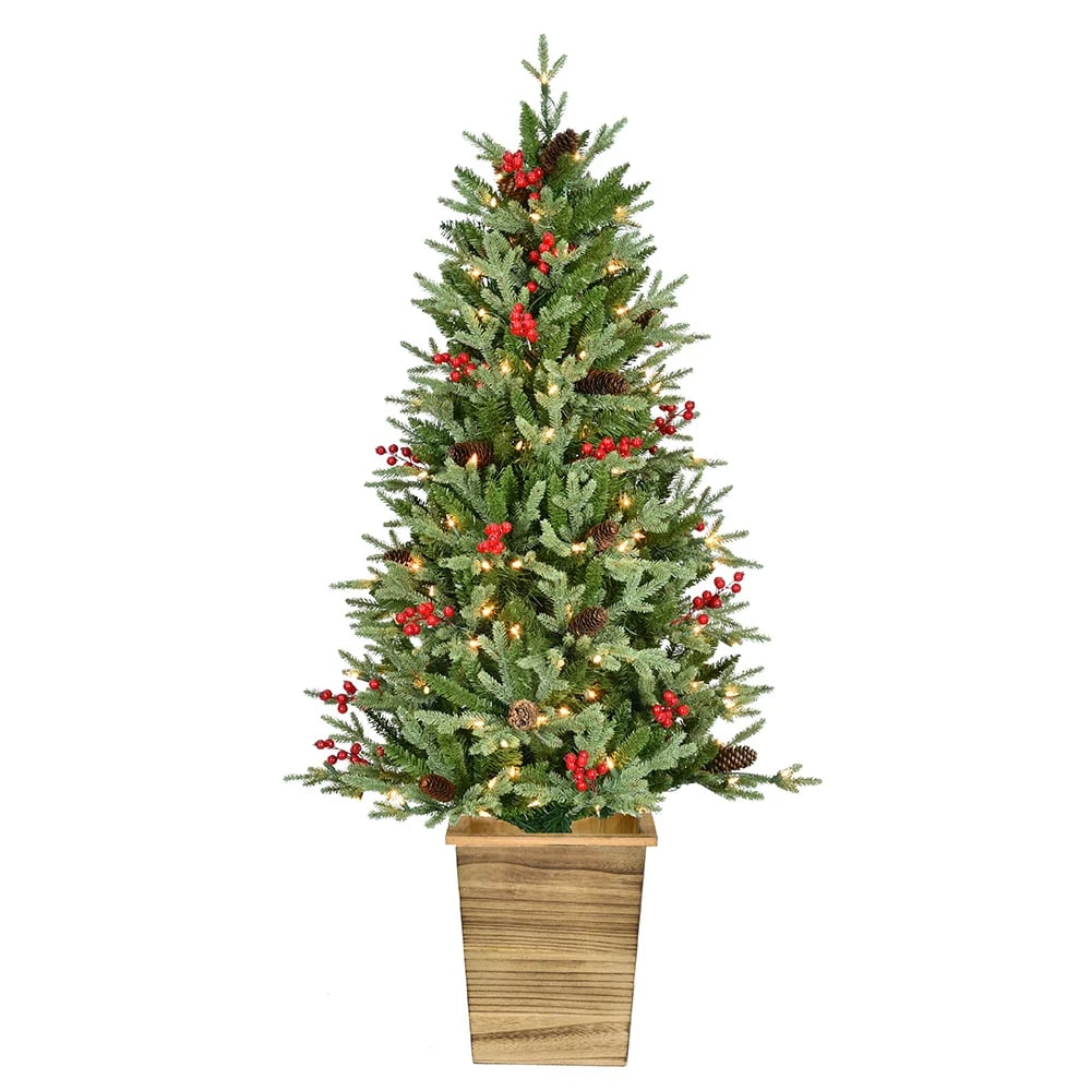 Kurt S. Adler TR2396 4.5 ft. Pre-Lit Potted Tree with Berries & Pinecones - Green