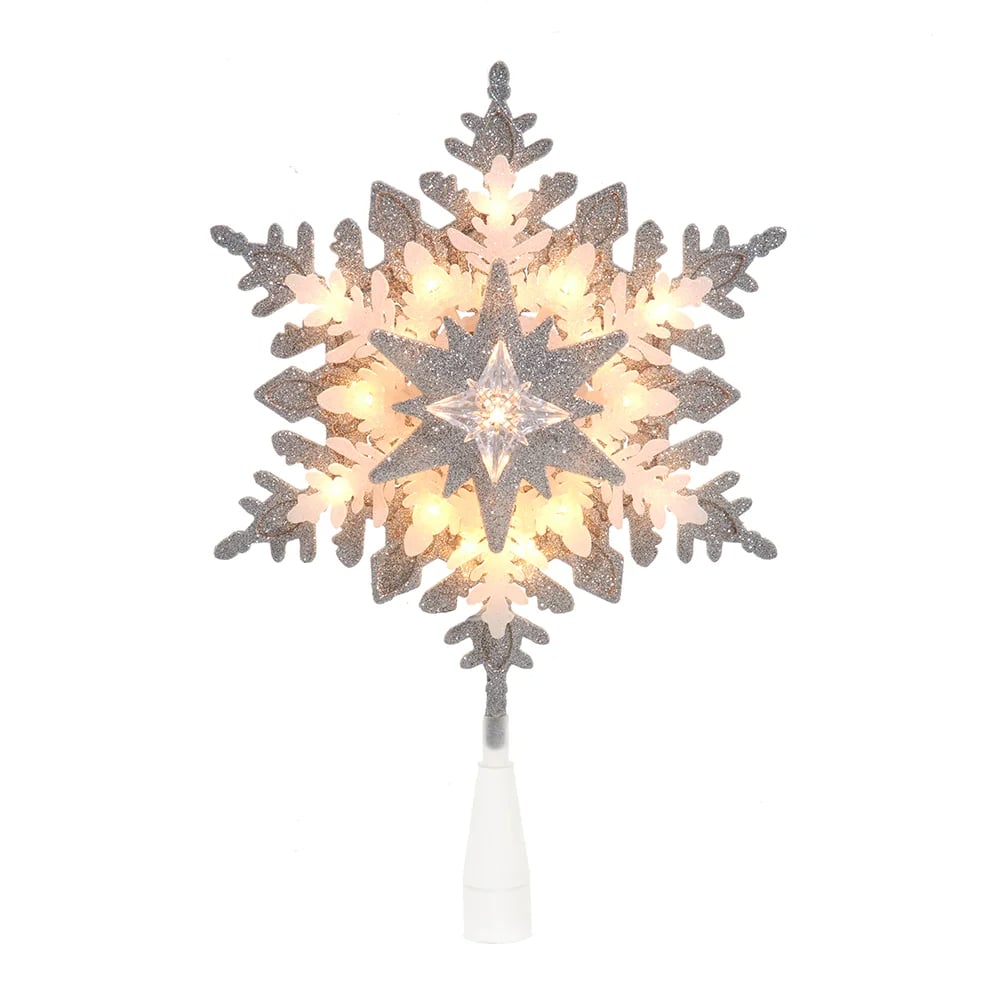 Kurt S. Adler UL2319 13.75 in. UL 20-Light Silver & White Glittered Snowflake Tree Topper