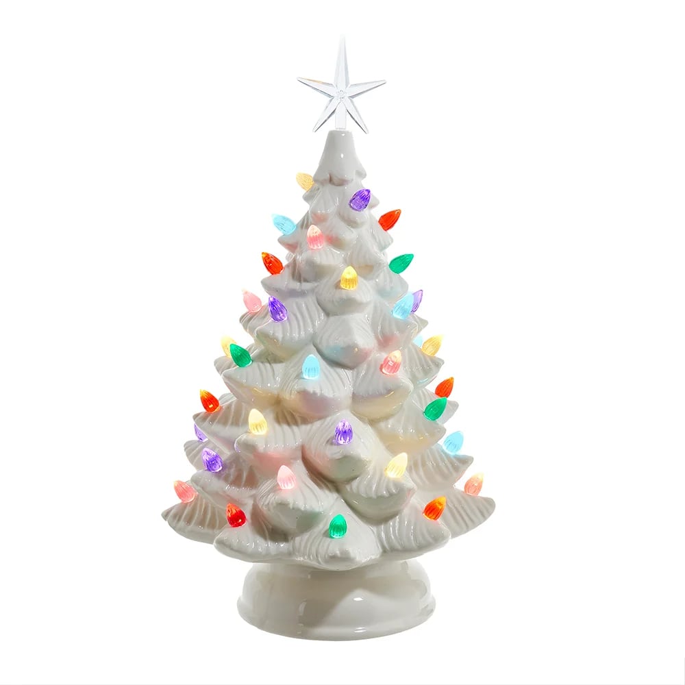 Kurt S. Adler JEL2155 14 in. Battery Operated LED Lighted Ceramic Tree Table Piece - White