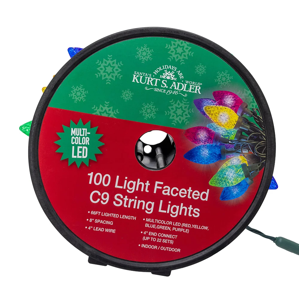 Kurt S. Adler UL5400M 50 ft. UL 100-Light Multi Color LED Faceted C9 Green Wire String Lights