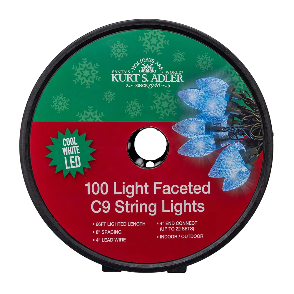 Kurt S. Adler UL5400CW 50 ft. UL 100-Light Cool White LED Faceted C9 Green Wire String Lights
