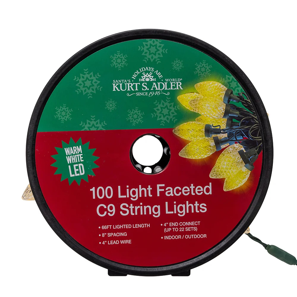 Kurt S. Adler UL5400WW 66 ft. UL 100-Light Warm White LED Faceted C9 Green Wire String Lights
