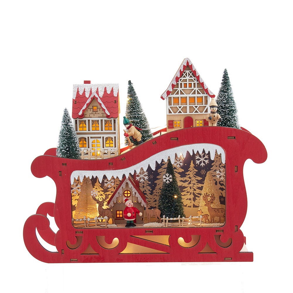 Kurt S. Adler JEL1054 13.77 in. Battery Operated LED Lighted Sleigh with Village Scene Table Piece