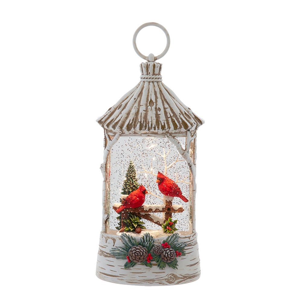Kurt S. Adler JEL1065 10.875 in. Battery Operated USB LED Lighted Lantern with Cardinals & Spinning Glitter Water