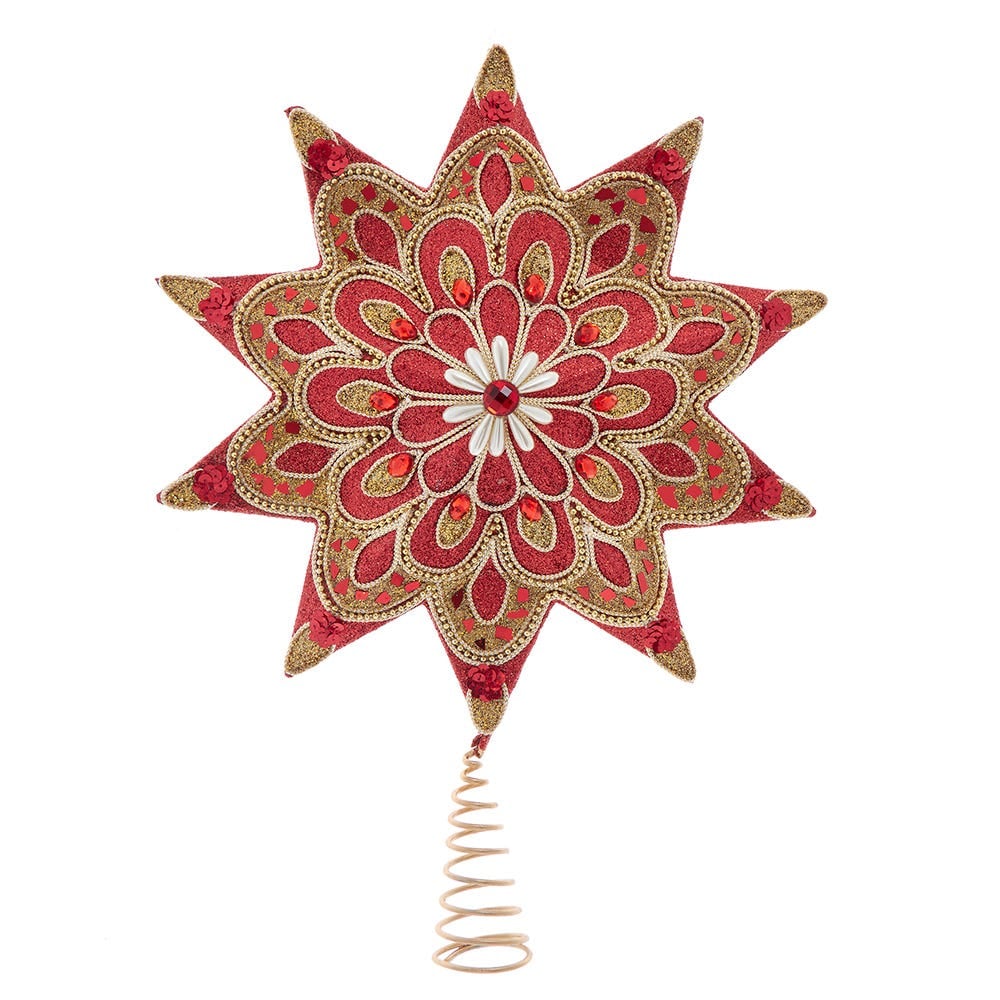 Kurt S. Adler S4481 16 in. Un-lit Ruby Red & Gold Star Tree Topper Adorned with Pearl Accents