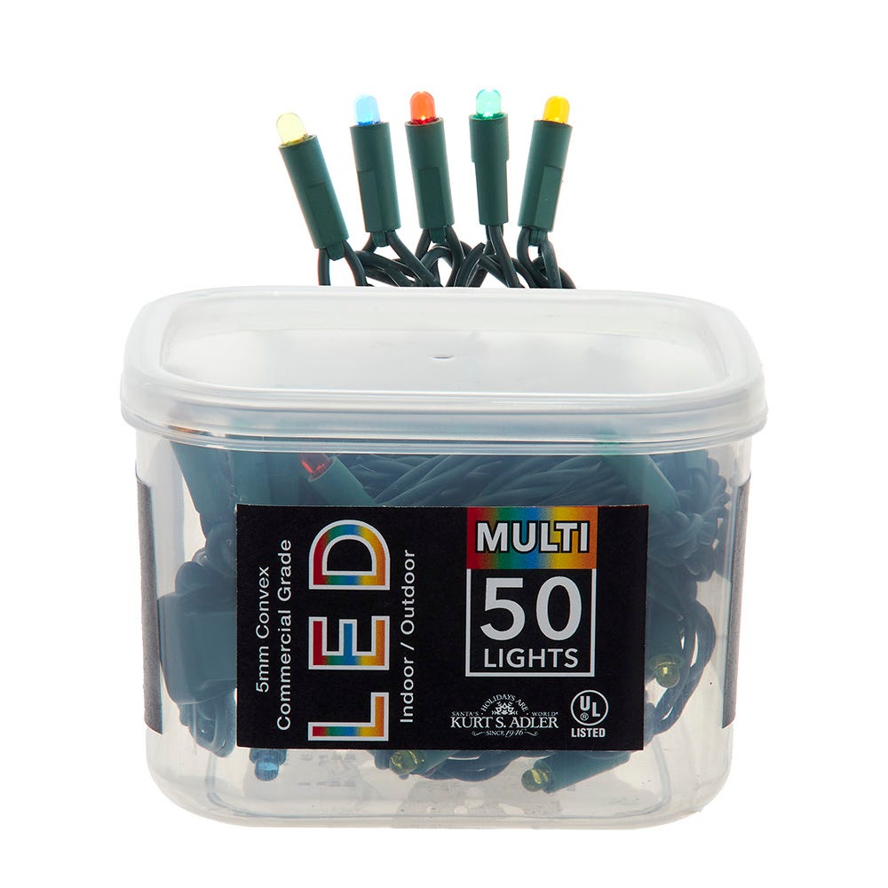 Kurt S. Adler UL4127M 25.5 ft. UL 50-Light Convex Multicolor 5 mm LED Green Wire Light Set