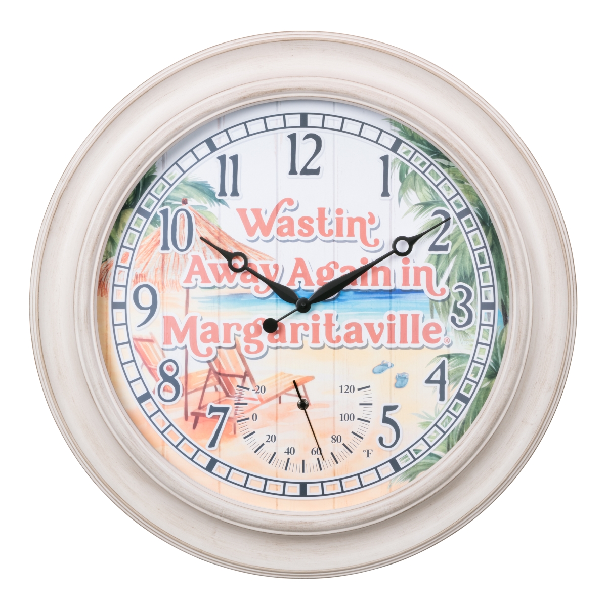 La Crosse Clock 433-3267MVT 26.2 in. Outdoor Whitewashed Margaritaville Quartz Clock with Temperature