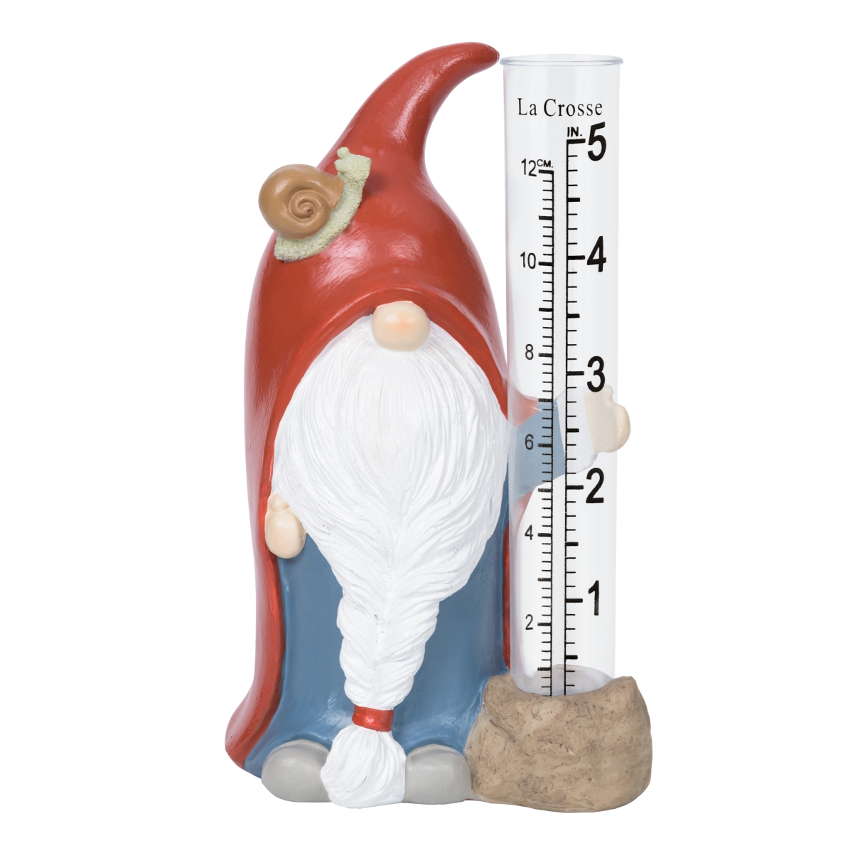 704-4115 Table standing Polyresin Gnome with 5 in. Rain Gauge