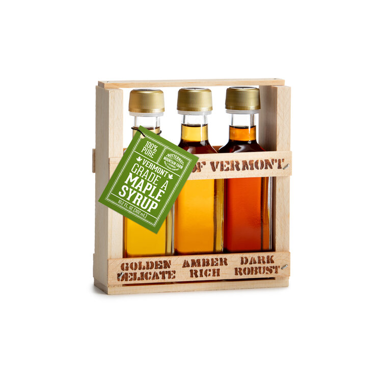 Picture of Butternut Mountain Farm 985000 3.4 fl oz Taste of Vermont Crate Bottle of Each Grade of Syrup