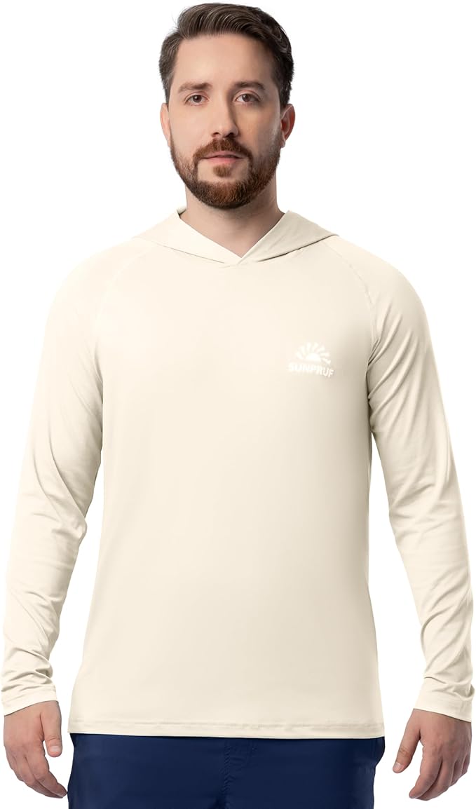 560449 Mens Sunproof Long Sleeve Performance Sun Protection UPF 30 Hooded Shirt, Sand Dune - Small