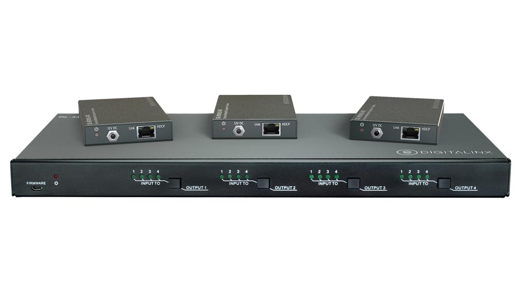Picture of Digitalinx DL-44E-KIT 4 x4in. 4K HDBT Matrix Switch kitted with 3 HD Base PoE Receivers