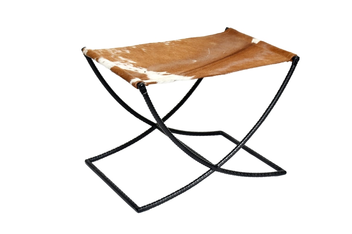 -LST-19  Cowhide Sling Seat Accent Stool with Iron Base