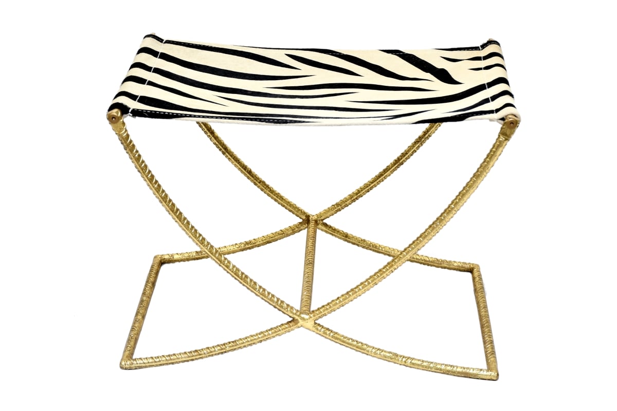 -LST-22  Cowhide Sling Seat Accent Stool with Iron Base
