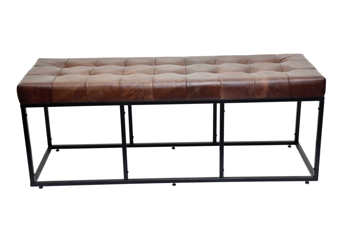 -LB-23T Industrial Tan Leather & Metal Frame Bench