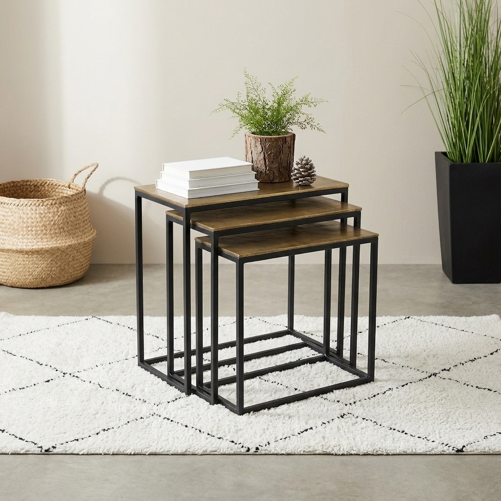 -122 Luxury Nesting Tables Set with Antique Brass Tops & Matte Black Frames