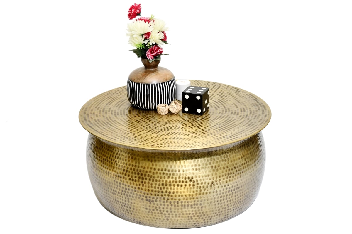 -CT-24 Hand-Hammered Round Drum Coffee Table in Antique Brass Finish