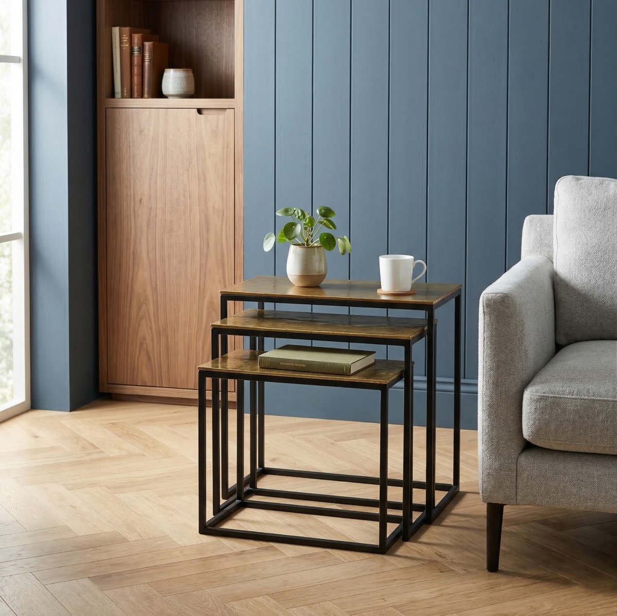 -123 Luxury Nesting Tables Set with Brass Tops & Matte Black Frames