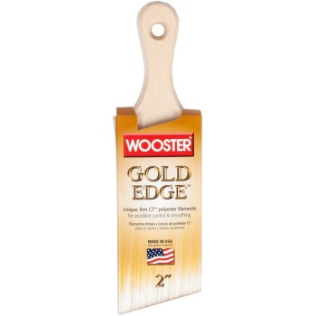 Paint Brush, 2 in W, 2-11/16 in L Bristle, Polyester Bristle, Short Handle Gold Bristle/White