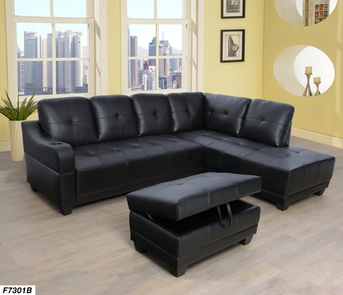 Right Facing Sectional Sofa Set - Faux Leather, Black - 3 Piece