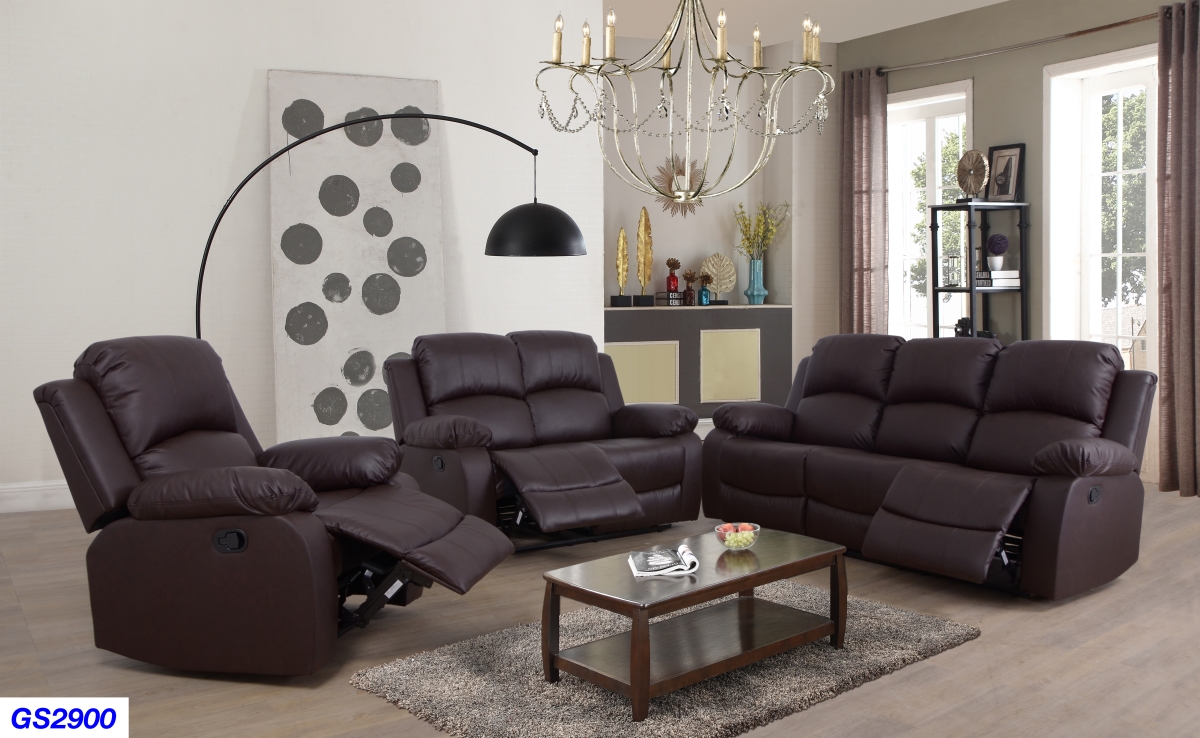 LS2900-3PC Reclining Living Room Sofa Set - Bonded Leather, Brown - 3 Piece -  Lifestyle
