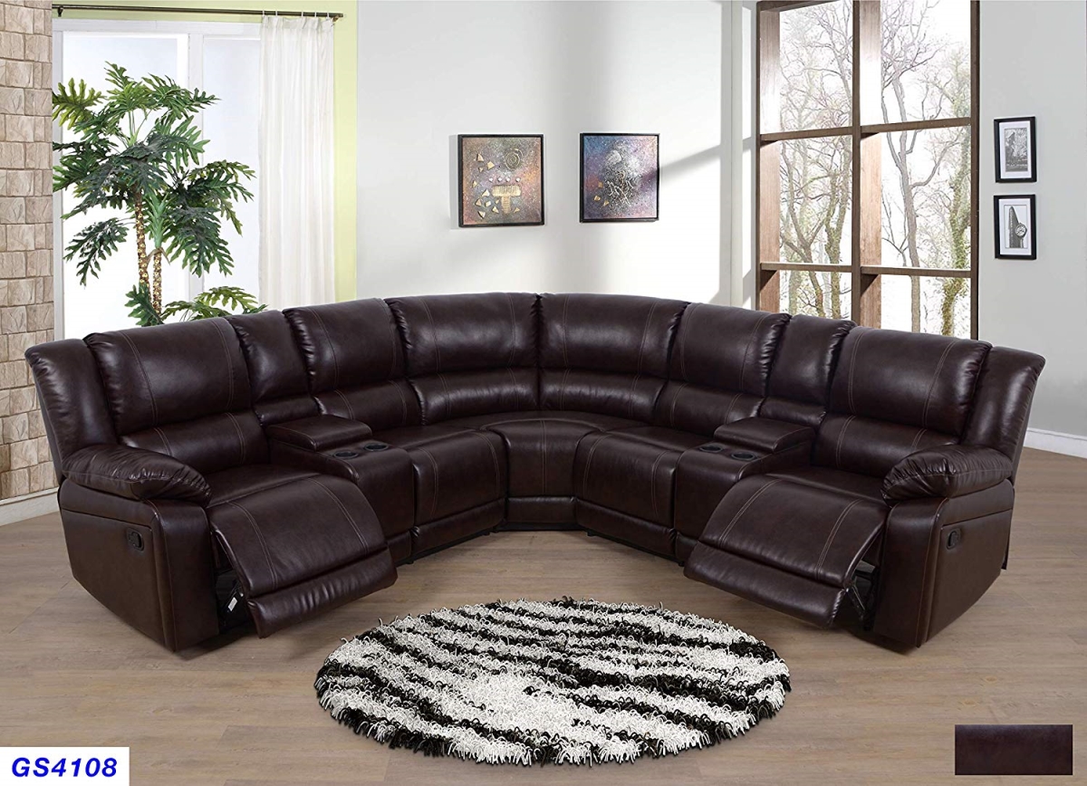 LSFGS4108 3 Piece Recliner Sectional Sofa Set with 2 Cup Holder Console with Lift up Storage, Bonded Leather - Brown