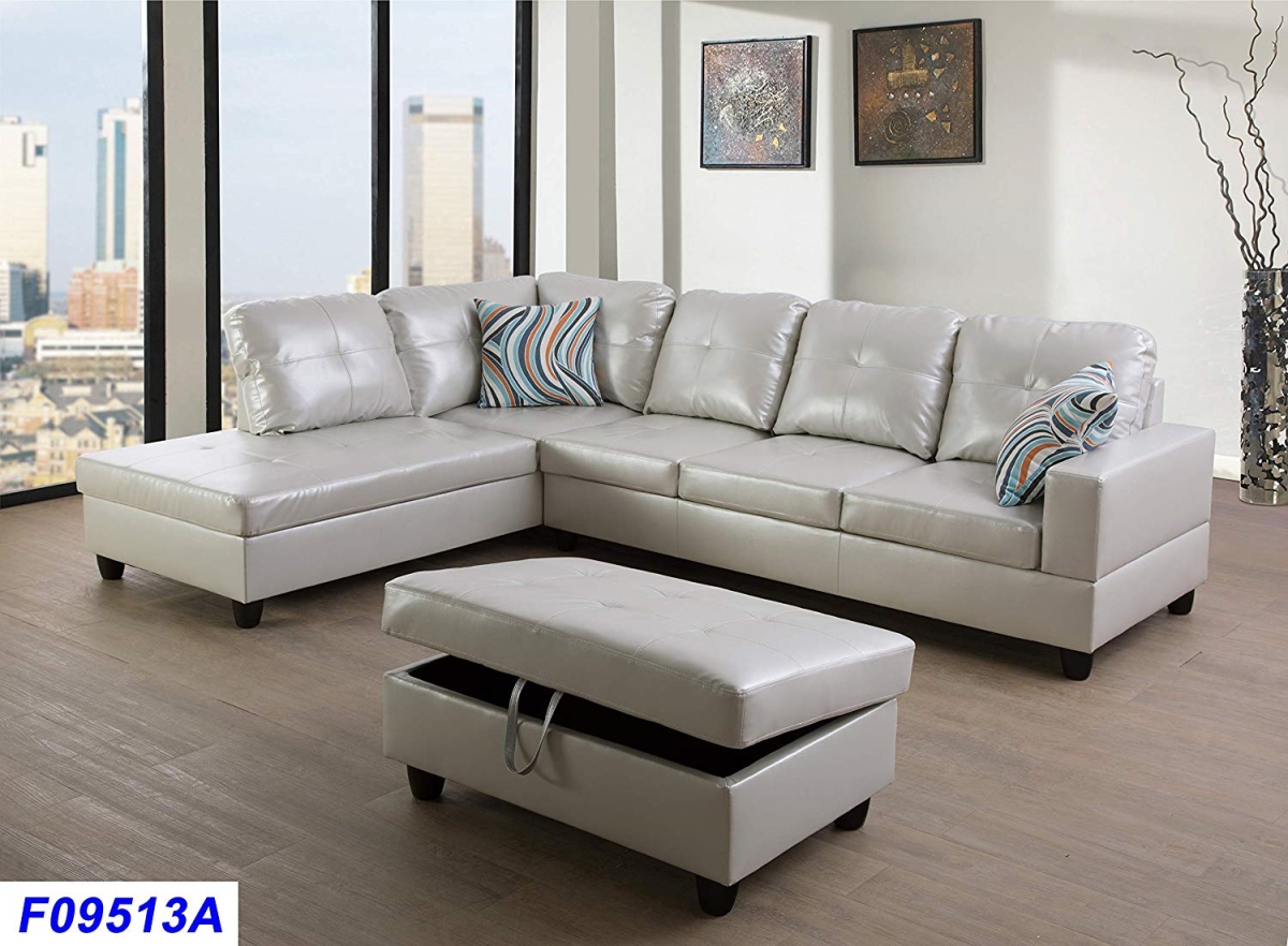 LSF09513A 3 Piece Left Facing Sectional Sofa Set with Ottoman, Faux Leather - Powder